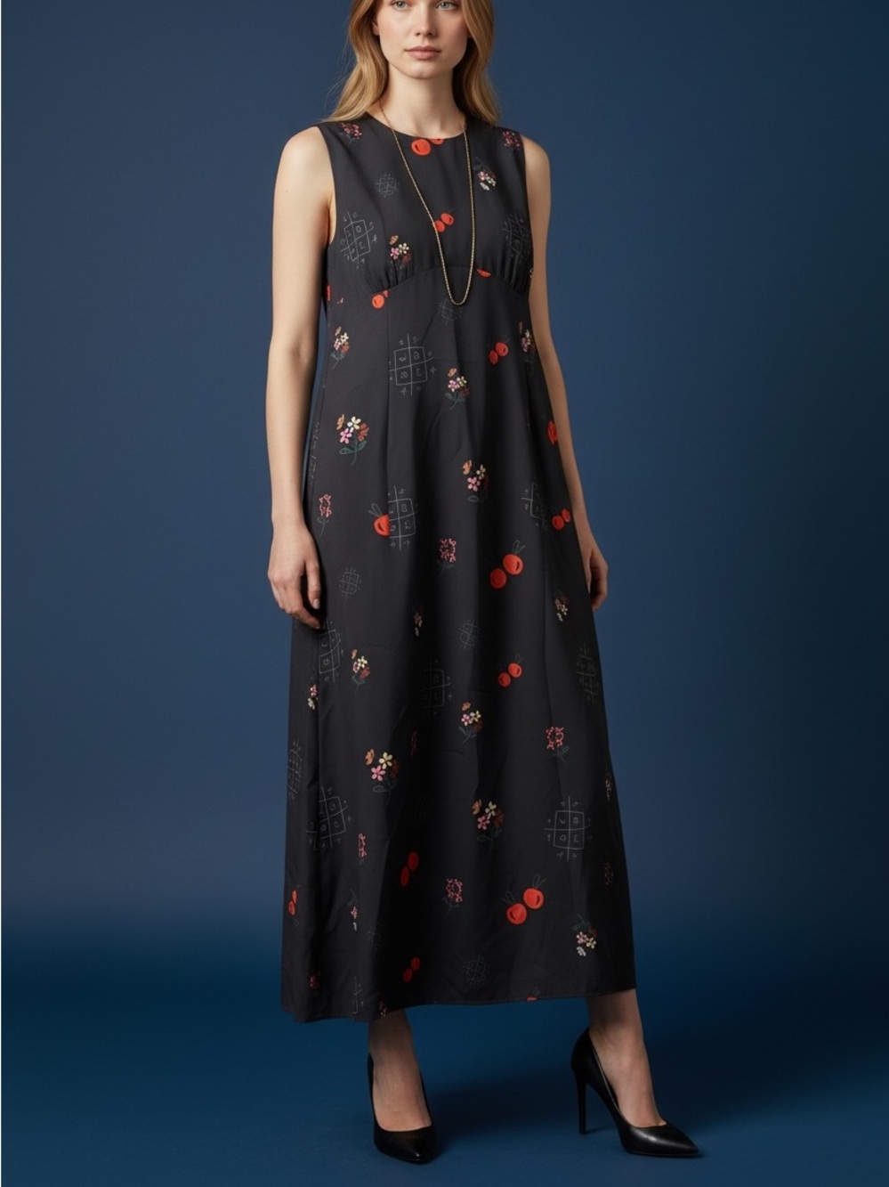 Sleeveless Black Floral & Cherry Print Maxi Dress